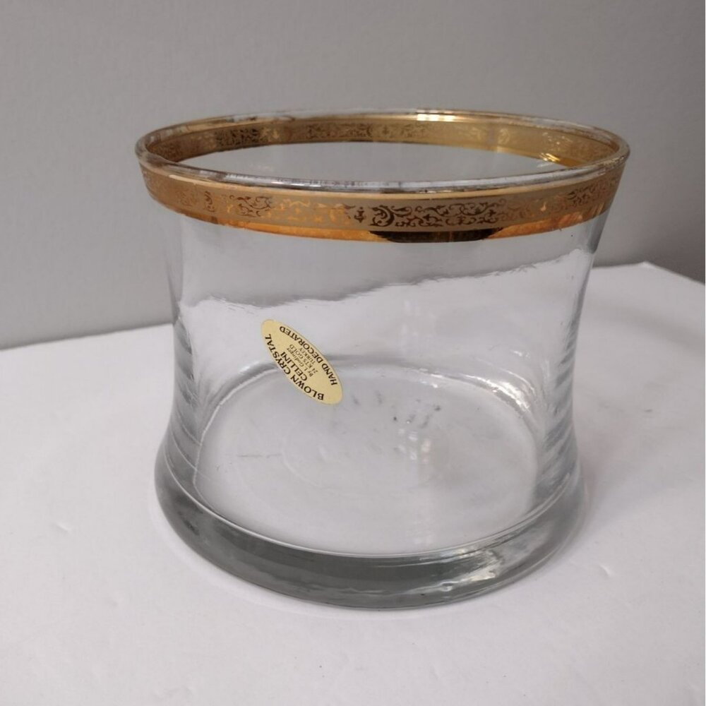 Vintage CELLINI Blown Crystal Bowl / Glass Ice Bucket, 24Kt Gold Trimmed Rim  6"